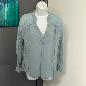 Women’s Blouse Size 12 Green‎ Crinkle Sheer Panel Pullover Coquette Romantic